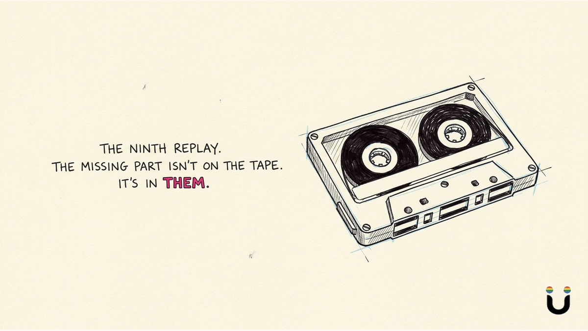 Ink illustration of a cassette tape beside the words the ninth replay, the missing part isn't on the tape, it's in them