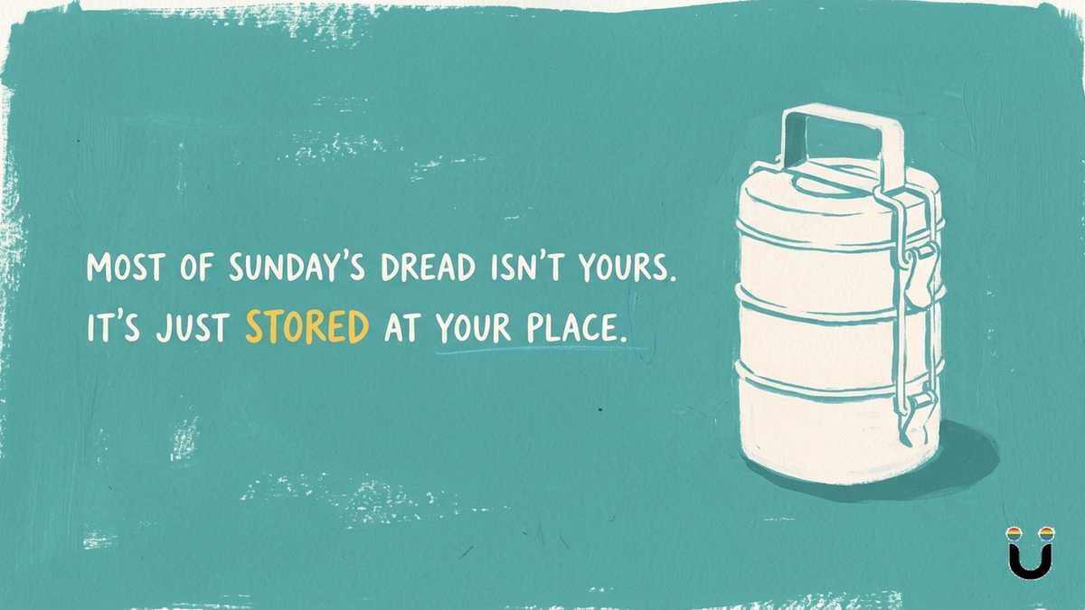 Gouache illustration of a stack of tiffin dabbas with the words most of Sunday's dread isn't yours, it's just stored at your place, for Sunday night dread