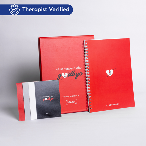 What Happens After Goodbye breakup kit: red box, prompt cards and scribble journal