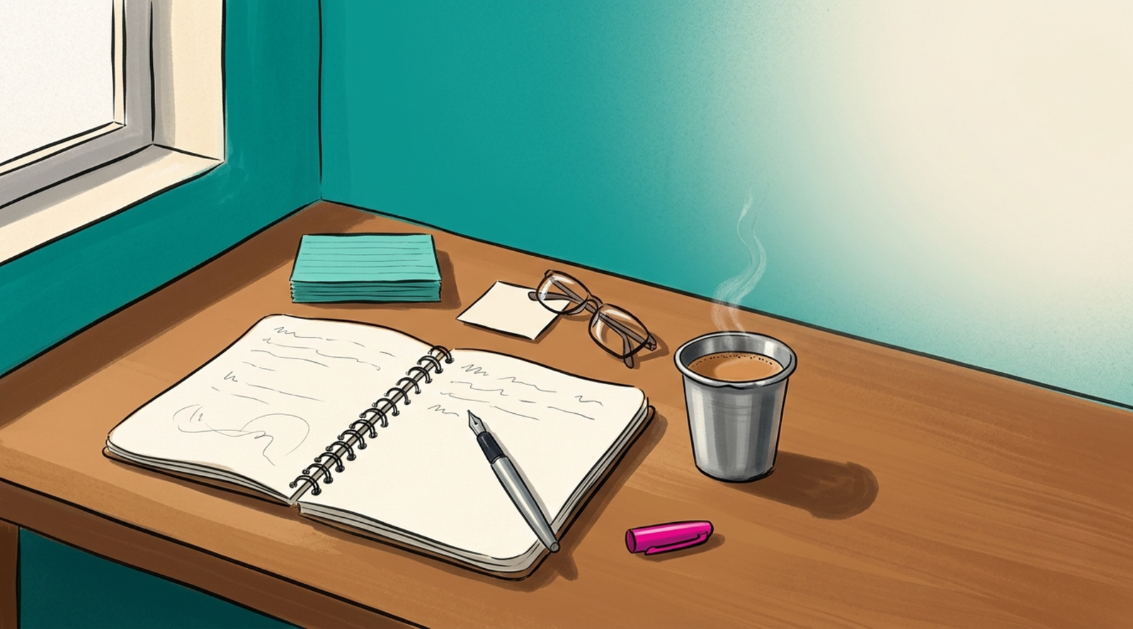 Illustrated desk with an open notebook, a fountain pen, a stack of index cards, a chai cup and a potted plant.