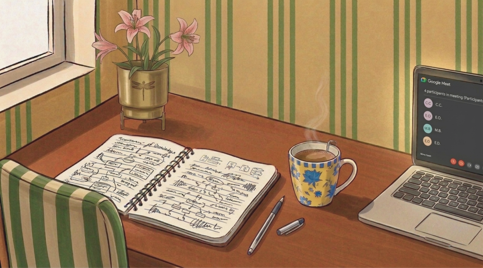 Illustrated desk with an open notebook, a fountain pen, a stack of index cards, a chai cup and a potted plant.